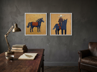 Standing Horse & Mounted Cowboy — Set of 2 Original Oils, Navy & Vermilion — original hand-painted oil shown on the wall in a styled room