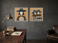 Bouquet Woman & Two Sisters — Set of 2 Original Oils, Slate Blue on Ochre — original hand-painted oil shown on the wall in a styled room