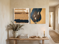 Bands & Monolith — Set of 2 Original Oils, Ochre & Navy — original hand-painted oil shown on the wall in a styled room
