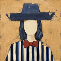Oil painting of a cowgirl in a navy hat with a wide flat angular brim, a cream face, vermilion bow and navy-and-cream striped body, on a golden ochre ground.