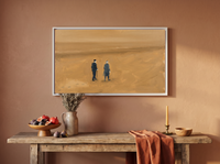 Two Figures on a Beach Wide Wall Art — Original Oil, Golden Ochre & Navy — original hand-painted oil shown on the wall in a styled room