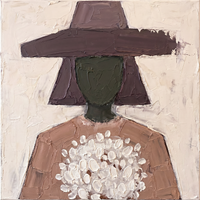 Oil painting of a woman in a wide mauve-plum hat with an olive-green oval face, holding a cluster of white blooms against a rose-brown bodice, on a cream ground.