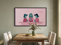 Three Women with Wine Wide Wall Art — Original Palette-Knife Oil, Pink & Emerald — original hand-painted oil shown on the wall in a styled room