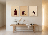 Devotion Triptych — 3 Original Oils, Wine & Sand — original hand-painted oil shown on the wall in a styled room