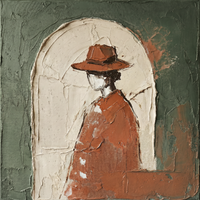 Original oil painting of a faceless figure in a terracotta hat and rust coat standing in a pale cream arch against a sage-green ground, heavy palette-knife texture.