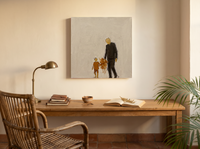 Father & Child Walking Wall Art — Original Palette-Knife Oil, Chocolate & Rust — original hand-painted oil shown on the wall in a styled room