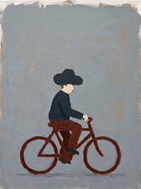 Oil painting of a man in a charcoal coat walking left with a rust-red folded paper, a small dark dachshund behind, on a slate blue-grey ground.