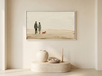 Couple Walking a Dog Wide Wall Art — Original Palette-Knife Oil, Sage & Terracotta — original hand-painted oil shown on the wall in a styled room