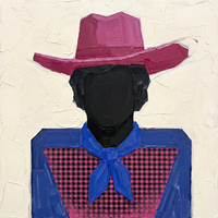 Original oil painting of a cowboy in a magenta hat with an ink-black head, a cobalt blue shirt with a magenta and black gingham chest and blue neckerchief, on a cream ground