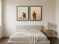Pigeon-Feeder & Shepherd — Set of 2 Original Oils, Rust & Olive — original hand-painted oil shown on the wall in a styled room