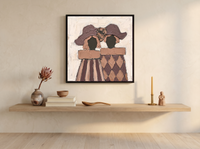 Two Ladies in Hats Wall Art — Original Palette-Knife Oil, Plum & Tan — original hand-painted oil shown on the wall in a styled room