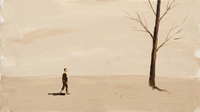 Original wide oil painting of a dark brown figure walking across a warm sand field toward a single bare tree on the right, horizontal landscape