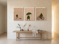 Solitude Triptych — 3 Original Oils, Moss & Mocha — original hand-painted oil shown on the wall in a styled room