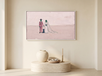Wedding Couple and Dog Wide Wall Art — Original Palette-Knife Oil, Pink & Emerald — original hand-painted oil shown on the wall in a styled room