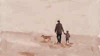 Original wide oil painting of a father holding his small child's hand with a tan dog alongside, seen from behind walking into a soft mauve haze, Lowry-style with open space