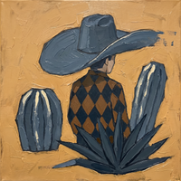 Original oil painting of a cowboy figure from behind in a slate navy-blue hat and rust-and-navy harlequin shirt, with blue cacti and agave, on a warm golden-ochre ground.