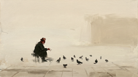 Original wide oil painting of a lone old man in a charcoal coat with an oxblood head wrap feeding slate-grey pigeons across a pale cool-grey plaza