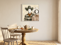 Cowboy & Cowgirl Couple Wall Art — Original Palette-Knife Oil, Olive & Rust — original hand-painted oil shown on the wall in a styled room