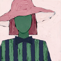 Oil painting of a faceless woman in a dusty rose floppy hat with an emerald-green face, navy bow and navy-and-emerald striped body, on a blush ground.