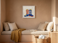 Cowboy Boots Wall Art — Original Palette-Knife Oil, Cobalt & Red — original hand-painted oil shown on the wall in a styled room