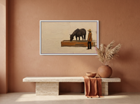 Cowgirl and Horse at the Trough Wide Wall Art — Original Palette-Knife Oil, Chocolate & Rust — original hand-painted oil shown on the wall in a styled room