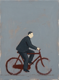 Oil painting of a man in a charcoal coat riding a bicycle to the left, the wheels two dark circles, on a slate blue-grey ground.