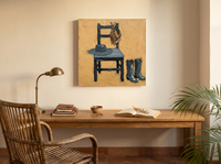 Cowboy Chair Still Life Wall Art — Original Palette-Knife Oil, Ochre & Slate — original hand-painted oil shown on the wall in a styled room