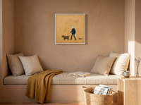 Dog Walker Wall Art — Original Palette-Knife Oil, Navy & Ochre — original hand-painted oil shown on the wall in a styled room
