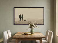 Couple Walking a Dog Wide Wall Art — Original Palette-Knife Oil, Olive & Charcoal — original hand-painted oil shown on the wall in a styled room