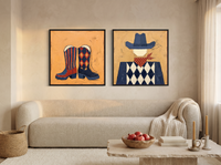 Cowboy Boots & Cowboy — Set of 2 Original Oils, Navy & Vermilion — original hand-painted oil shown on the wall in a styled room