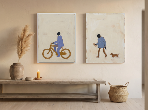 Cyclist & Newspaper Man — Set of 2 Original Oils, Periwinkle & Oat