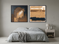 Arch & Bands — Set of 2 Original Oils, Ochre & Navy — original hand-painted oil shown on the wall in a styled room