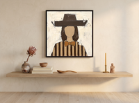 Lady in an Angular Brown Hat Wall Art — Original Palette-Knife Oil, Chocolate & Tan — original hand-painted oil shown on the wall in a styled room
