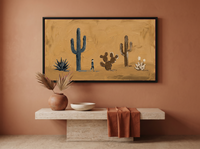 Desert Cacti Row Wide Wall Art — Original Palette-Knife Oil, Golden Ochre & Navy — original hand-painted oil shown on the wall in a styled room