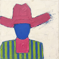 Original oil painting of a faceless cowboy in a magenta hat with a cobalt-blue face and magenta neckerchief over green and cobalt stripes, on a cream ground