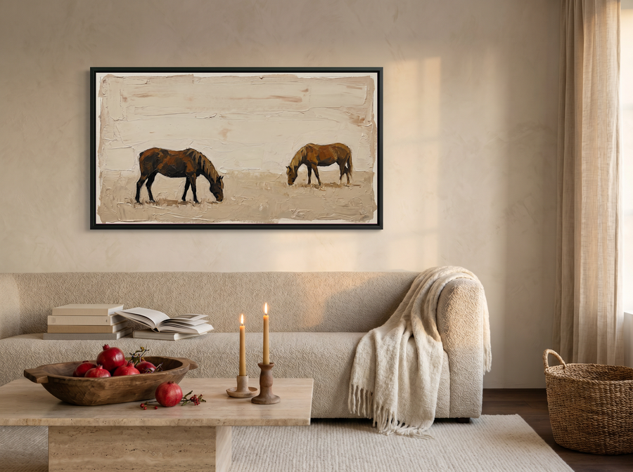 Two Grazing Horses Wide Wall Art — Original Palette-Knife Oil, Chocolate & Cream