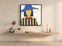Lady in a Cobalt Hat Wall Art — Original Palette-Knife Oil, Cobalt & Yellow — original hand-painted oil shown on the wall in a styled room