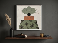 Lady in a Daisy Shirt Wall Art — Original Palette-Knife Oil, Sage & Terracotta — original hand-painted oil shown on the wall in a styled room