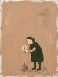 Oil painting of a shepherd in a moss-green coat lifting a pale lamb to his shoulder, on a warm mocha ground.