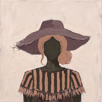 Oil painting of a woman in a wide mauve-plum hat with an olive-green oval face, holding a cluster of white blooms against a rose-brown bodice, on a cream ground.