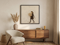 Girl with a Bouquet Wall Art — Original Palette-Knife Oil, Chocolate & Tan — original hand-painted oil shown on the wall in a styled room
