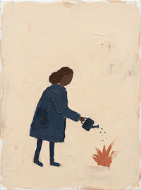 Oil painting of a figure in an indigo coat seen from behind carrying a coral-pink lamb across the shoulders, on a cream ground.
