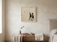 Couple Walking Hand in Hand Wall Art — Original Oil, Charcoal & Oxblood — original hand-painted oil shown on the wall in a styled room