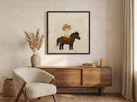 Child on a Pony Wall Art — Original Palette-Knife Oil, Chocolate & Straw — original hand-painted oil shown on the wall in a styled room