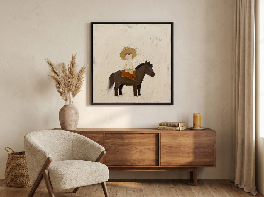 Child on a Pony Wall Art — Original Palette-Knife Oil, Chocolate & Straw