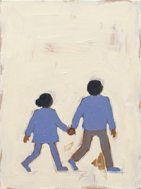 Oil painting of a man and woman in periwinkle-blue coats walking hand in hand, shoulders almost touching, on a pale oat-cream ground.