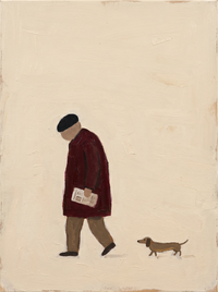 Oil painting of a man in a deep wine coat riding a bicycle to the left, the wheels two dark circles, on a soft oat-cream ground.