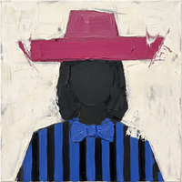 Original oil painting of a woman in a flat raspberry-pink hat with a cobalt bow over cobalt and black vertical stripes, on an ivory ground