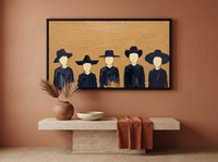 Row of Five Hatted Figures Wide Wall Art — Original Palette-Knife Oil, Navy & Mustard Ochre — original hand-painted oil shown on the wall in a styled room