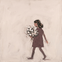 Original oil painting of a girl in a mauve dress with dark hair carrying a thick round bunch of cream-white flowers, on a soft cream-pink ground